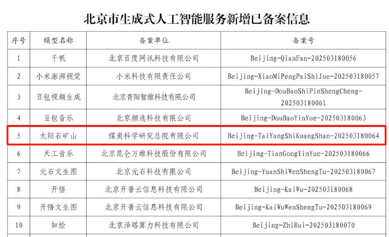 中国煤科太阳石矿山大模型通过生成式人工智能服务备案